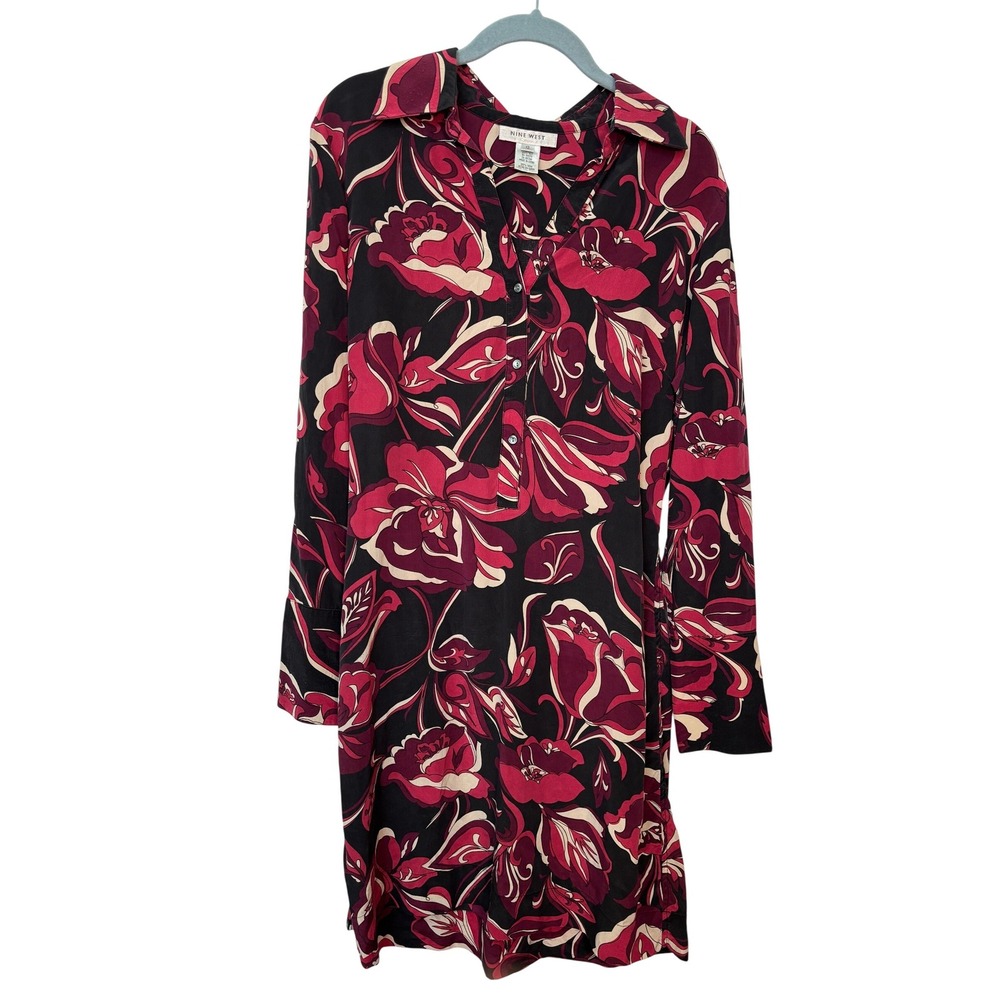 Y2K Nine West Womens 100% Silk Floral Shirt Dress Womens 12 Black Burgundy